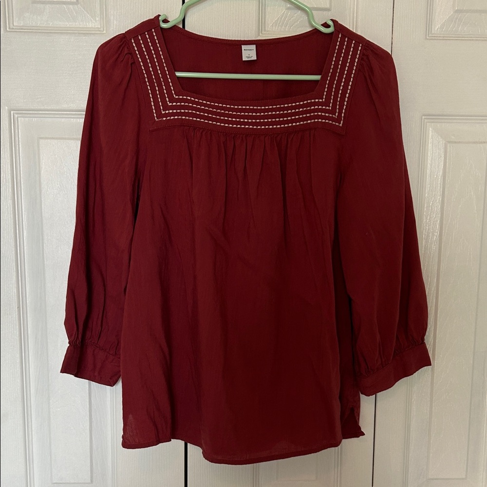 Women's Square-Neck Peasant Blouse - Burgundy